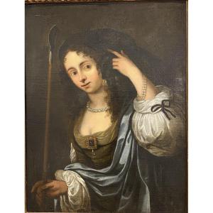 Painting, Oil On Canvas, Court Woman In Planter XVIIth Century