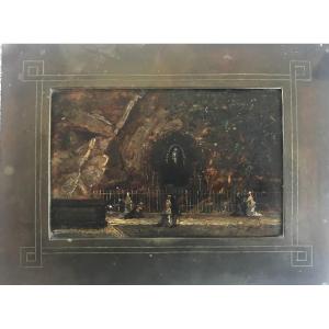 Painting View Of The Cave Of Lourdes Oil On Panel Circa 1910