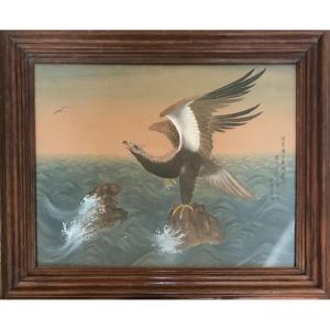 Watercolor In The Taste Of Japan, Eagle On A Rock, 19th Century