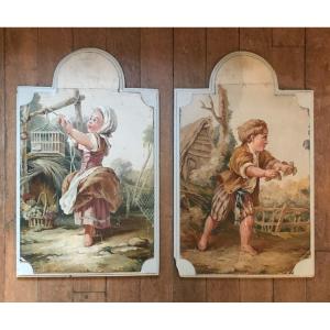 2 Panels Of Woodwork Painted In The Style Of François Boucher 19th Century