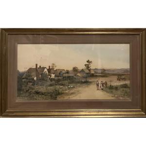 19th Century Watercolor Peasant Children And Geese In Front Of A Farm