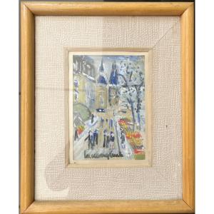 Lucien Genin (1894/1958) View Of The Flower Market On The île De La Cité, Gouache On Paper
