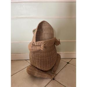 Magazine Rack, Rattan Basket, Frog Shape, Cajan Olive Tree, 1970s