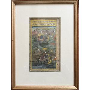 Indian Miniature, Prince On Elephant Back Hunting Tiger, 19th Century