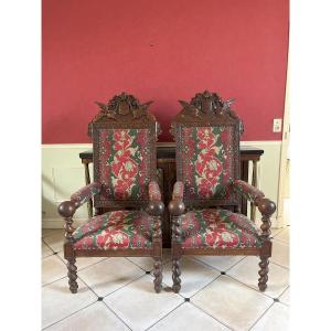 Pair Of Carved Oak Armchairs - Louis XIII Style - Apparat - 19th Century