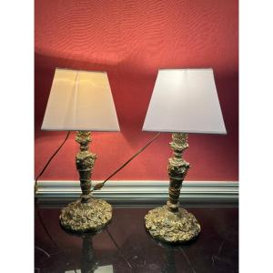 Pair Of Gilt Bronze Candlesticks - Pair Of Lamps - 19th Century
