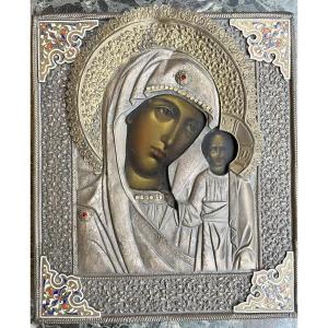 Russian Icon - Silver 19th Century - Virgin Of Kazan