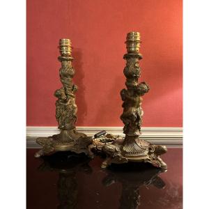 Pair Of Bronze Candlesticks With Babies, Napoleon III, 19th Century