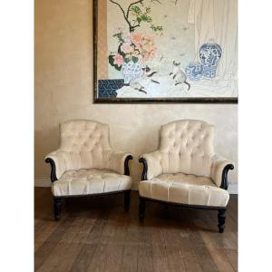 Pair Of Napoleon III Upholstered Armchairs, Silk Velvet, 19th Century