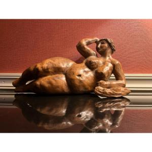 Terracotta Sculpture, Reclining Woman, Signed M Ferrero And Dated 83