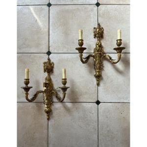 Pair Of Louis XVI Style Gilt Bronze Wall Sconces, 19th Century, Height 56cm
