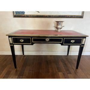 Black Lacquered Flat Desk In The Louis XVI Style, Maison Jansen, 20th Century.