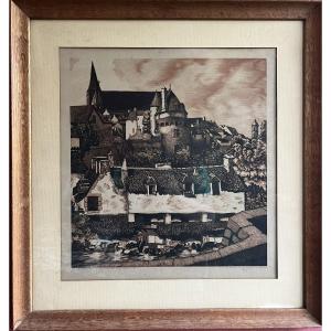 The Wash House At La Varenne In Vannes, Brittany, Wood Engraving, A.j. Roullet, 20th Century