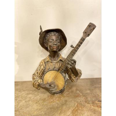 Polychrome Metal Banjo Player Circa 1880