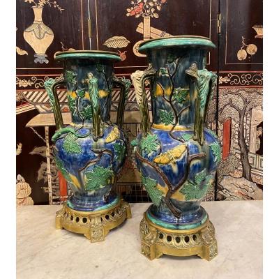 Pair Of Large Ceramic Vases Mounted Bronze, 19th Century