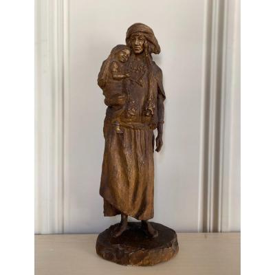 Plaster Sculpture, Oriental Woman With Child Signed Rachel Lucy Hautot
