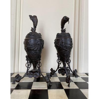 Pair Of Cups Covered In Bronze With Marabouts, 19th Century