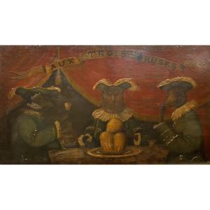 Large Painting On Sheet Metal, With Three Tricksters, 19th Century