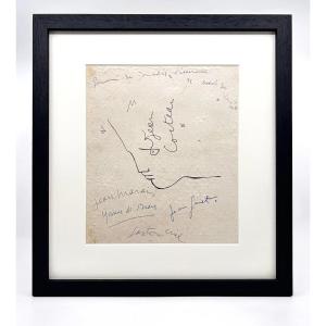 Jean Cocteau - Original Signed Drawing, Collective Signature With Jean Marais And Jean Genet, 1847