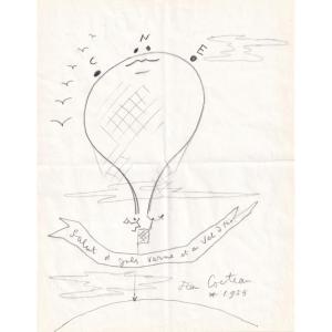 Jean Cocteau - Original Signed Drawing, A Tribute Project To Jules Verne - Hot Air Balloon 1955