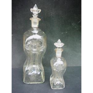 2 Engraved Glass Carafes From The 19th Century (water Glass)