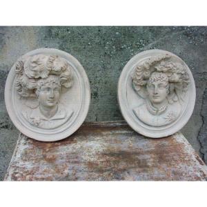2 Patinated Plaster Medallions Terracotta Style Circa 1900