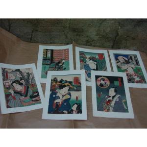 3 Toyokuni, 2 Kumiyoshi, 1 Sadanobu - Set Of 6 Japanese Prints From Chez Sakai & Co