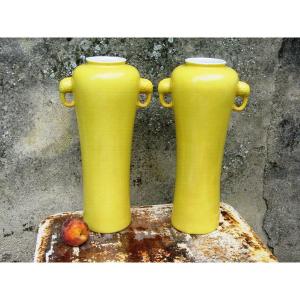 Pair Large Monochrome Yellow Porcelain Vases China 1960 Macau
