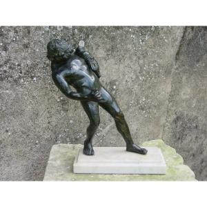 Bronze In The Antique Style: Young Drunk Faun With Wine Bottle Naples Museum