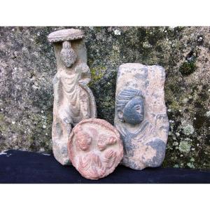 India Or Gandhara 3 Terracotta Artifacts, Schist