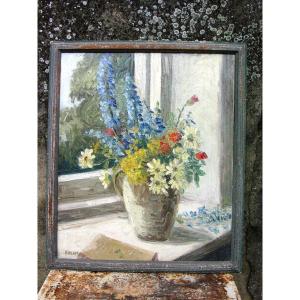 Oil On Cardboard Signed "foster" Bouquet Of Country Flowers