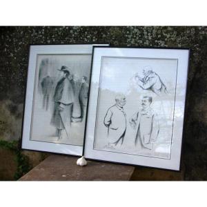 2 Lithographs Noël Dorville Caricatures Well Framed l'Assiette Au Beurre