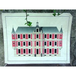 Architectural Drawing & Gouaché 1866 Neo-classical Building