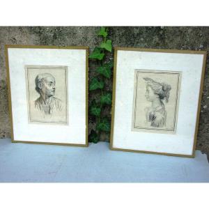 2 Portraits After Watteau Engraved By Filloeul From The 18th Century.
