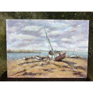 Sailboats On The Shore Oil On Cardboard Signed Roger Gautier 