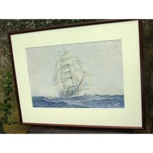 Large Watercolor Large Sailing Ship Well Framed Signed "sop" Marine