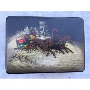 Russian Lacquer Box, Fedoskino School, Dated 1966, Troika Scene
