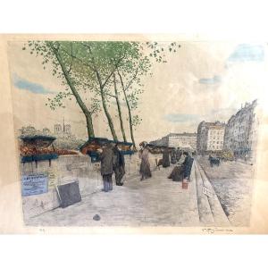 Aquatint Paris Tarik Frantisek Simon (1877-1942) Second-hand Booksellers On The Quays Of Notre Dame