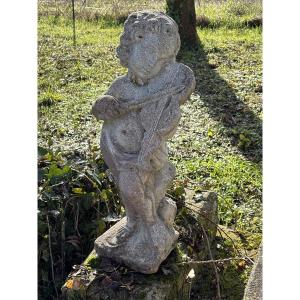 Statue Of Cupid, Putto Musician, Reconstituted Stone, Circa 1950