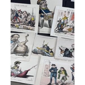 Lot Of 8 Lithographed Caricatures Of Napoleon III, 19th Century 