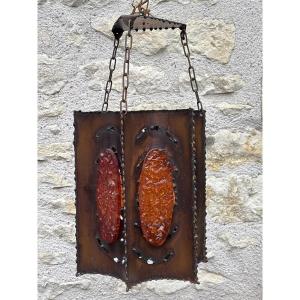 Accolay Lantern Chandelier In Patinated Copper And Fractal Resin 