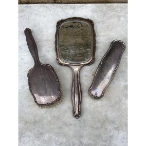 Hand Mirror And Its Two Silver Metal Brushes 