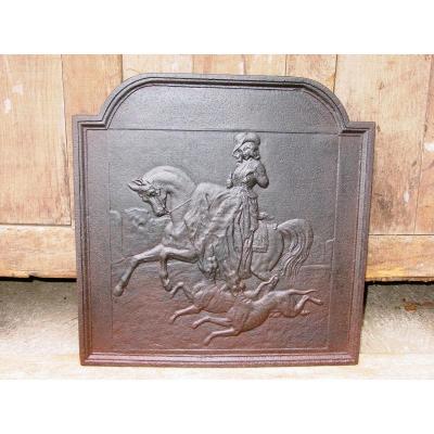 "D 'Après Alfred de Dreux "Plaque de Cheminée décor de Femme en Amazone aux Lévriers Courants