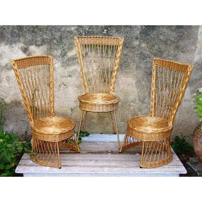 2 Fireside Chairs & 1 French Or Italian Wicker Chair From The Sixties Rattan