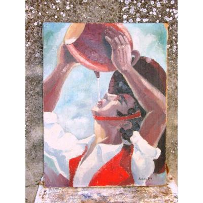 Basque Drinking Oil On Canvas Signed