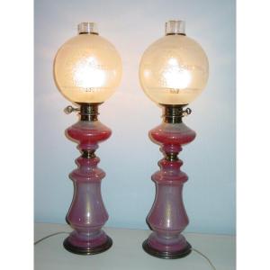 Pair Of Murano Lamps Or Consorts 1960 Styl Charles X Decor Opaline Gorge De Pigeon Gold Spangles