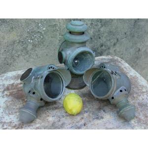 3 Car Lanterns Including A Pair In Brass, Complete