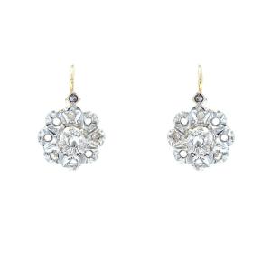 French 20th Century Rose Cut Diamonds Daisy Shaped Lever Back Earrings
