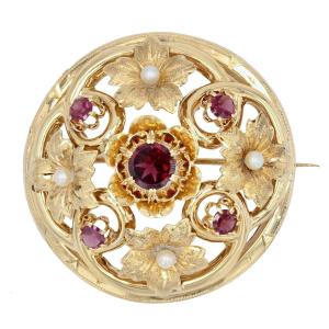 Gold Brooch Fine Pearls And Old Garnets