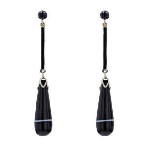 Onyx Enamel And Gold Ribbon Agate Pendant Earrings